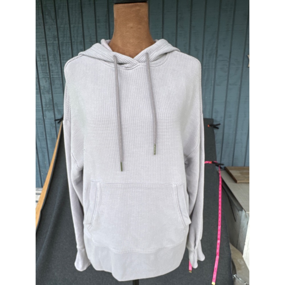 Light Grey Waffle Knit Pullover Hoodie Kangaroo Pocket Sweatshirt w/thumb hole